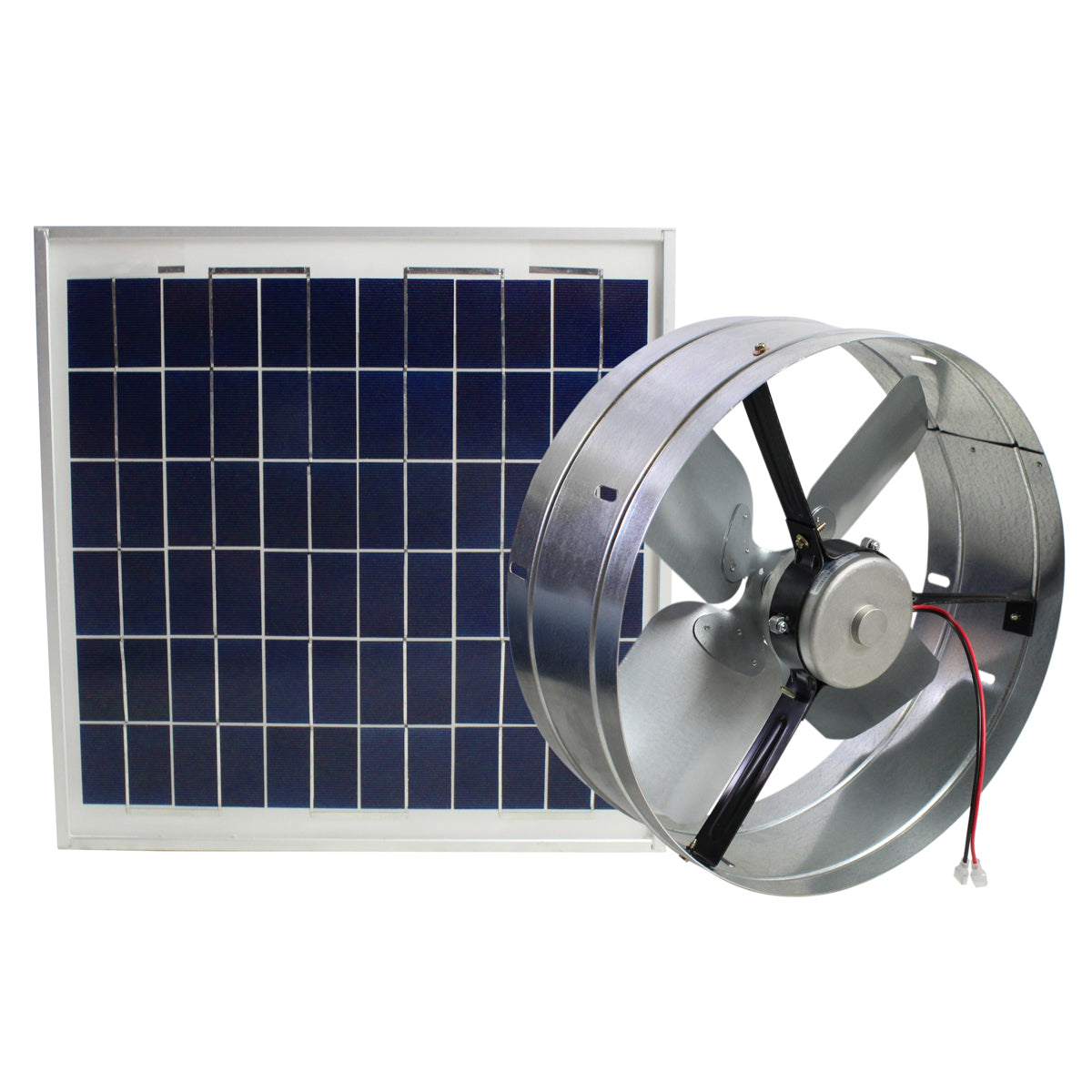 433 CFM gable fan showing the DC motor with quick connect clips and included solar panel. 