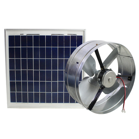 433 CFM gable fan showing the DC motor with quick connect clips and included solar panel. 