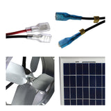 Detailed close-up of the easy connect clips, precision balanced fan blades on the vent fan, and solar cells on the efficient solar panel.