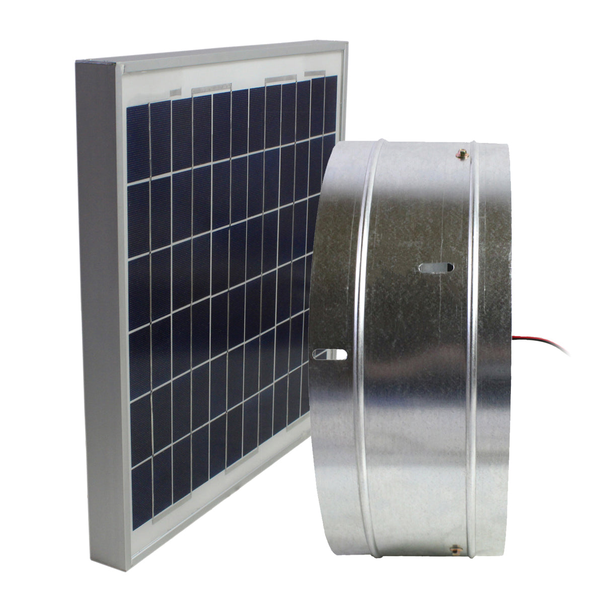 Left side profile view of the Maxx Air solar exhaust fan showing the heavy duty galvanized steel shroud. 