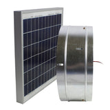 Left side profile view of the Maxx Air solar exhaust fan showing the heavy duty galvanized steel shroud. 