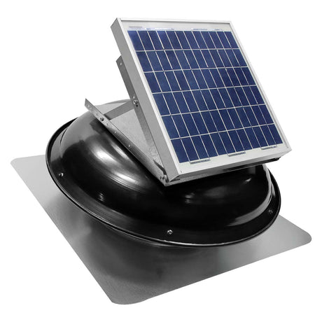 433 CFM solar roof mount fan in black finish with solar panel mounted on dome.