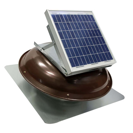 433 CFM solar roof mount fan in brown finish with solar panel mounted on dome.