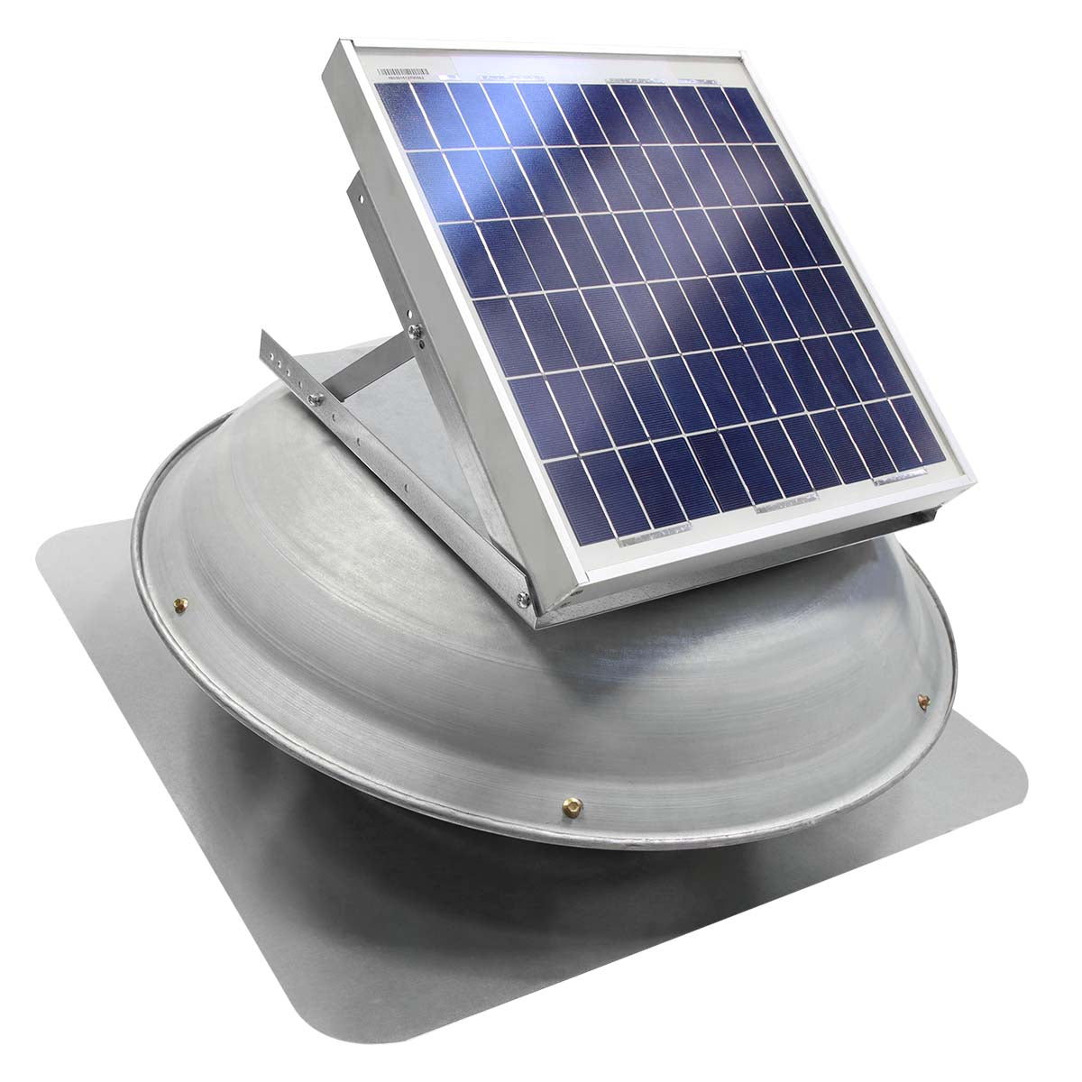 433 CFM solar roof mount fan in mill finish with solar panel mounted on dome.