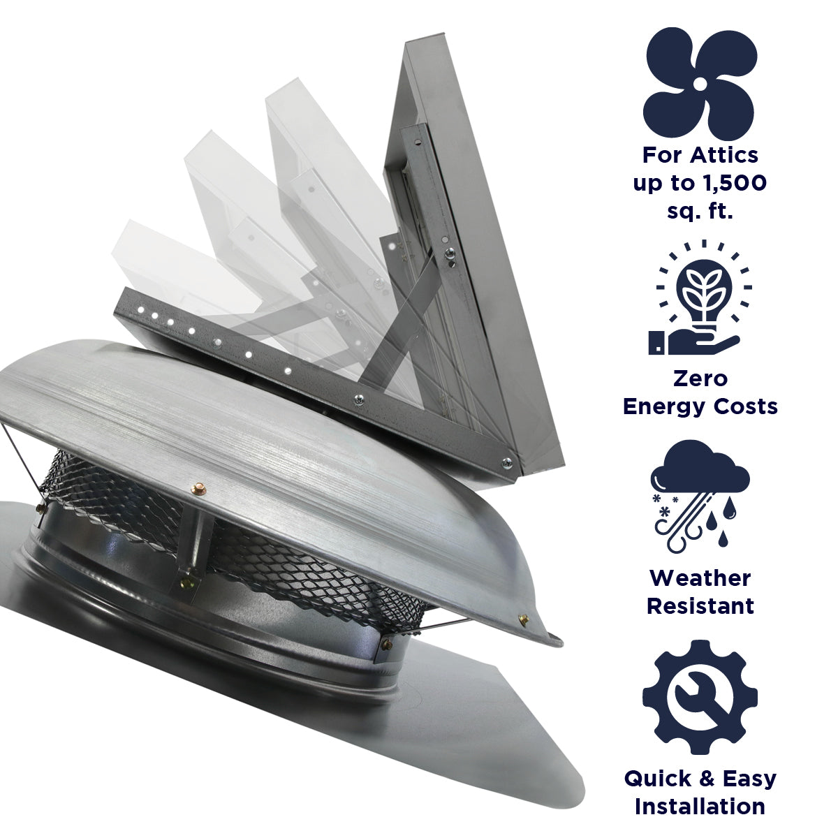 Features of the CXSOLRFDM series include ventilation coverage up to 1,500 sq. ft., zero energy costs, weather resistant construction, and a quick and easy install.