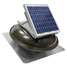  433 CFM solar roof mount fan in weathered gray finish with solar panel mounted on dome.