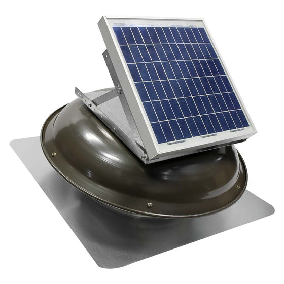 433 CFM solar roof mount fan in weathered gray finish with solar panel mounted on dome.