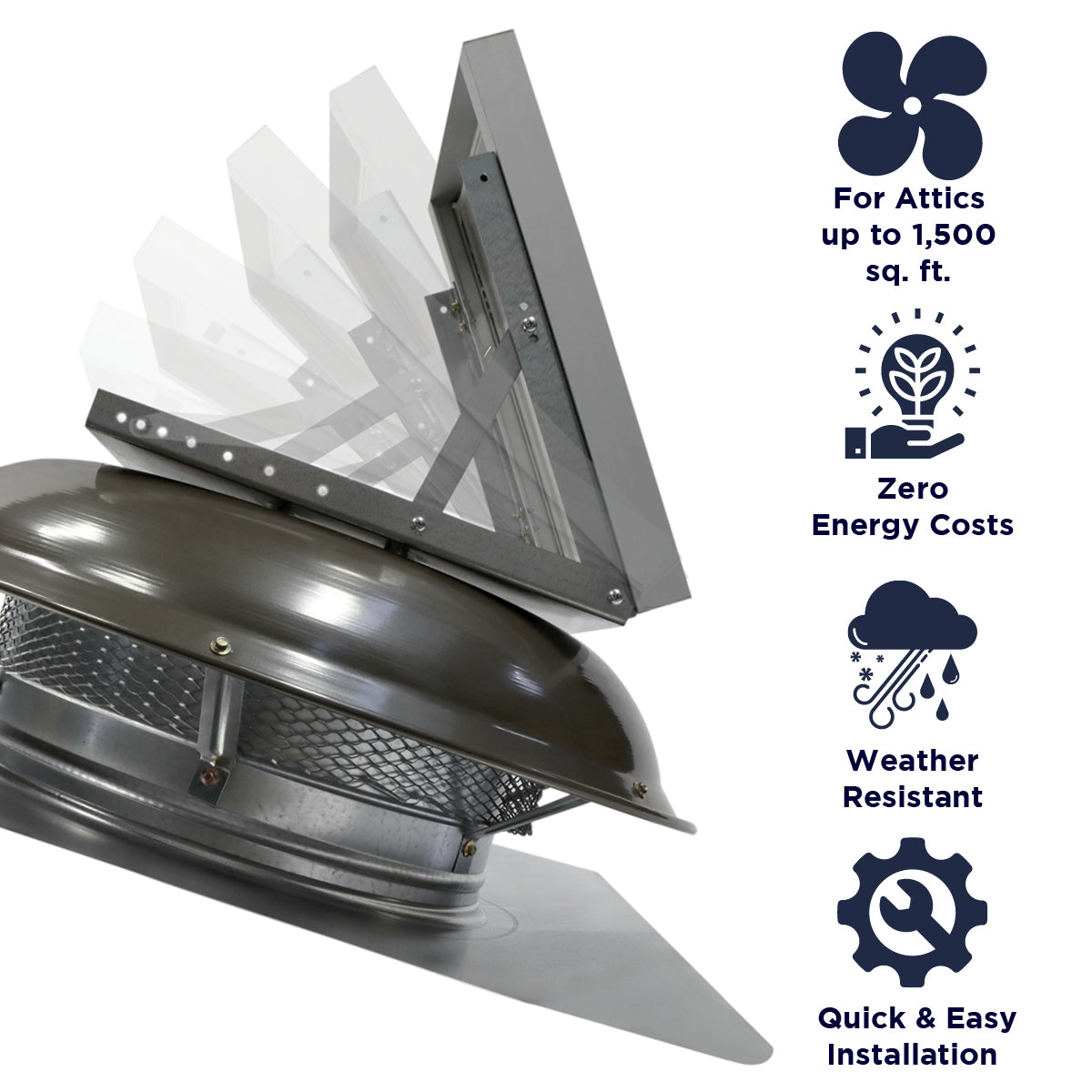 Features of the CXSOLRFDM series include ventilation coverage up to 1,500 sq. ft., zero energy costs, weather resistant construction, and a quick and easy install.