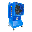 18 in. swamp cooler constructed of durable blue polyethelene with rolling caster wheels for portability.