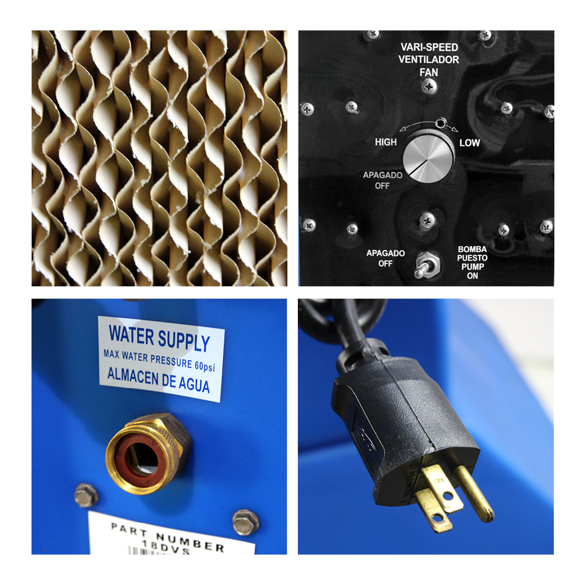 Detailed close-up of filter media pad, variable speed and pump control, water supply connection, and 3 prong electric plug on the portable air cooler.