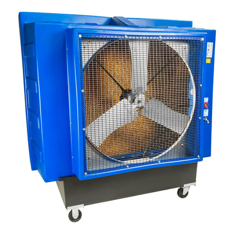 36 in. swamp cooler constructed of durable blue polyethylene with safety grille and caster wheels. 