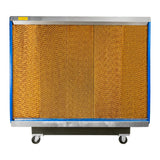 Back view of the 36 in. outdoor cooler showing the replaceable cellulose filter pads and caster wheels for portability.