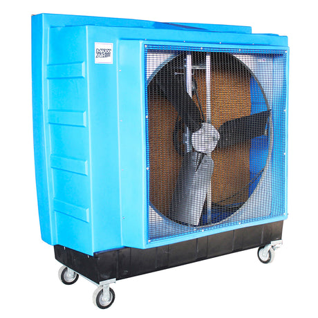 48 in. swamp cooler constructed of durable blue polyethylene with caster wheels for portable use in any room.