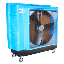  48 in. swamp cooler constructed of durable blue polyethylene with caster wheels for portable use in any room.
