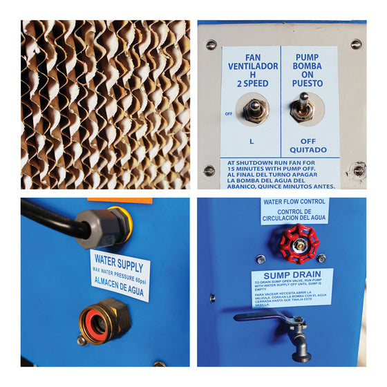 Detailed close-up of filter media pads, speed and pump control, water supply connection, and sump drain of the portable air cooler. 