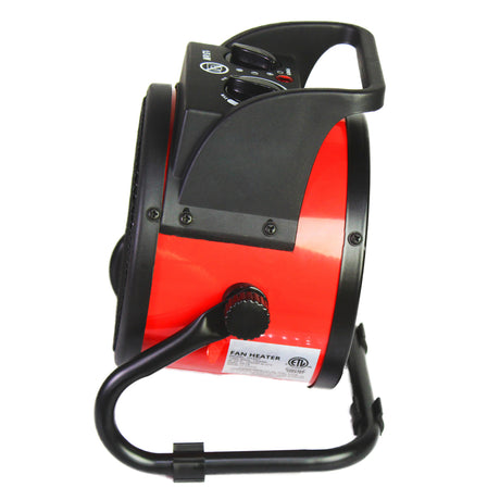 Right side profile view of heater showing the compact design and shroud housing with carry handle.