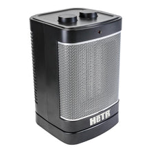  Angled view of the 10 in. portable heater showing the heat and oscillation dials and safety grille.