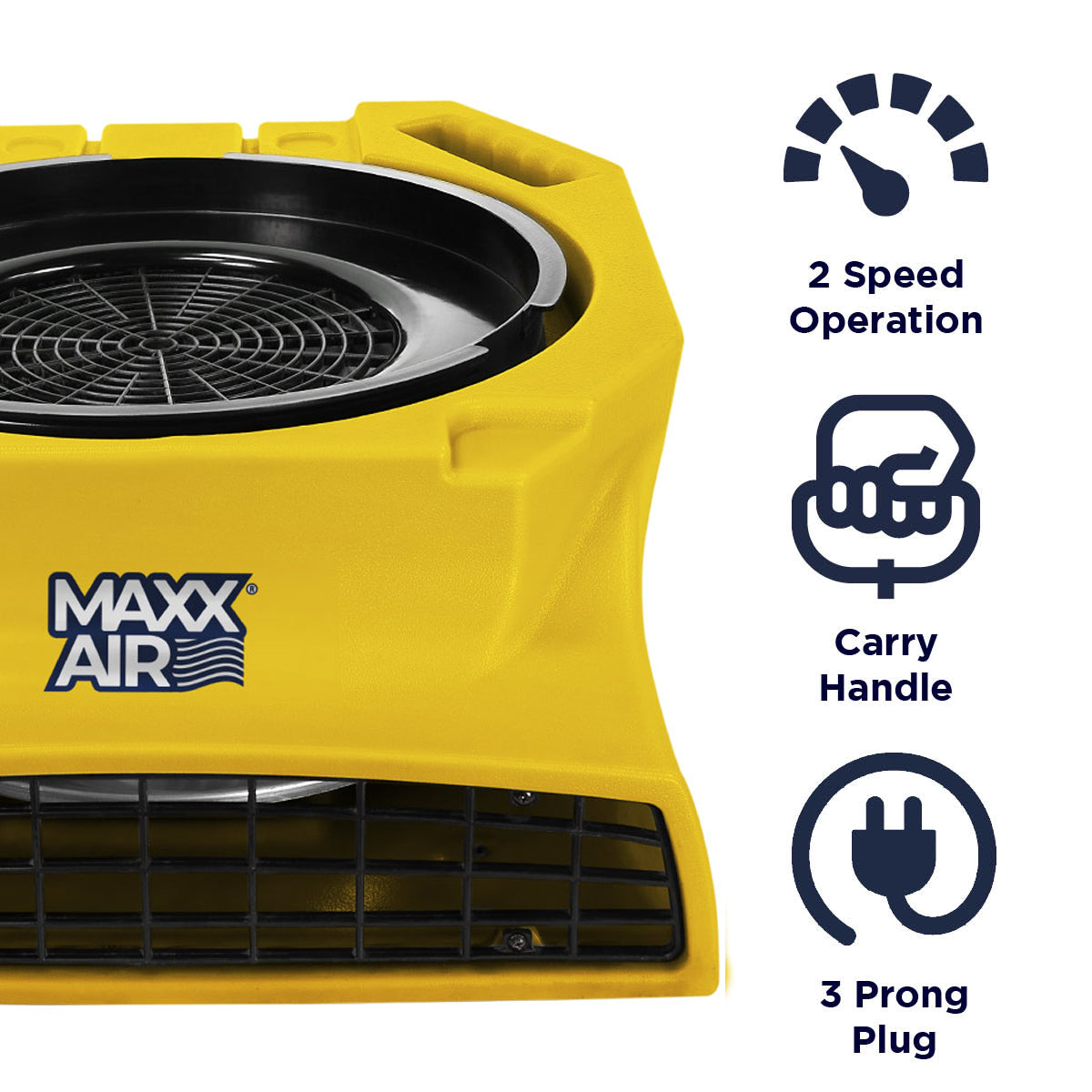 Features of the HVCF1600 air mover include 2 speed operation, carry handle, and 3 prong electric plug. 