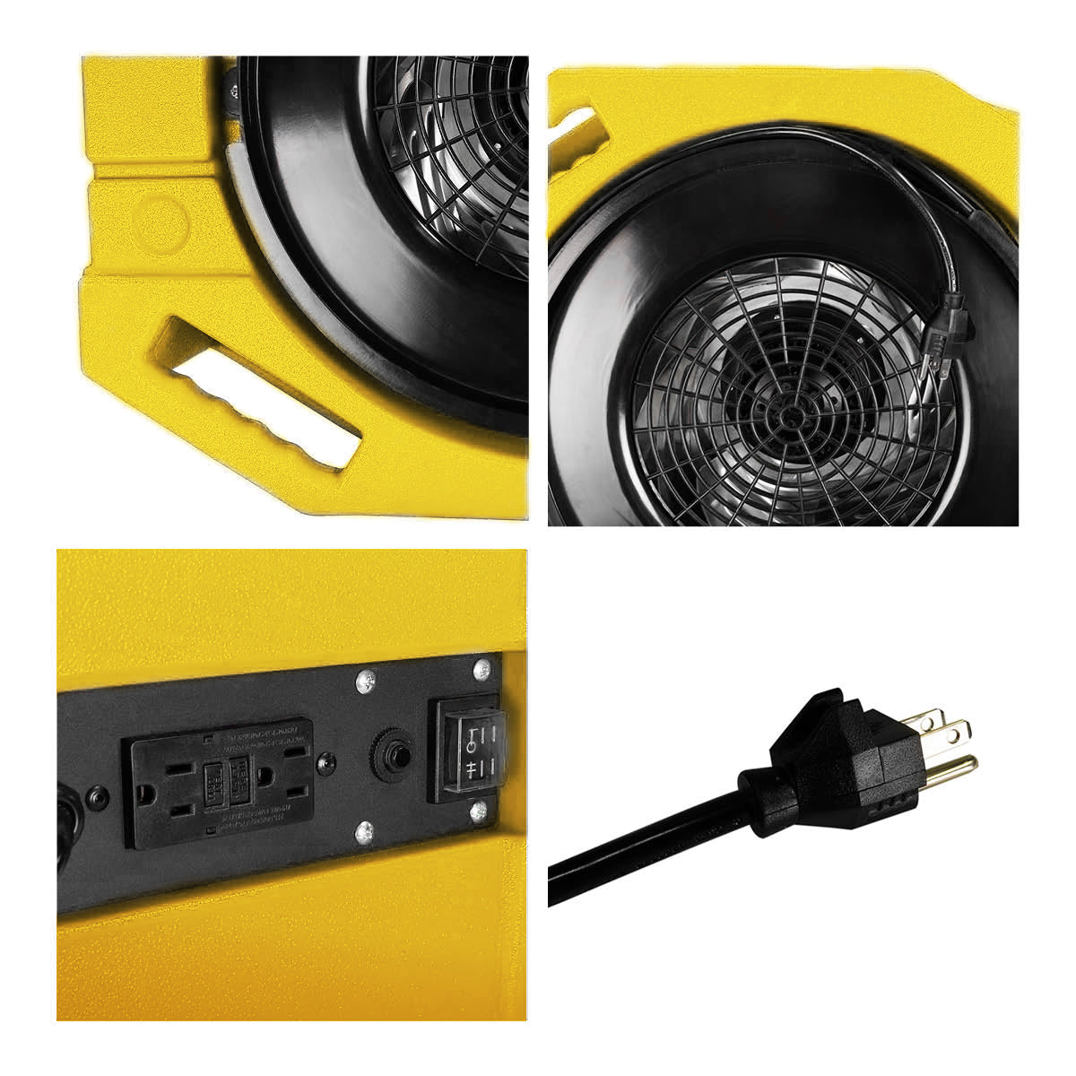 Detailed close-up of molded handle, built-in cord wrap, 2 speed switch with onboard outlets to daisy-chain your fans, and 3 prong plug to make a powerful and portable air dryer fan.