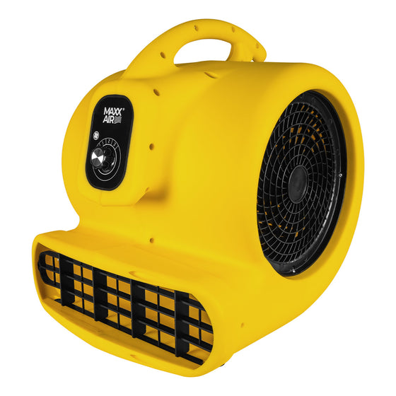 Floor drying fan with high visiblity injection molded plastic housing in yellow finish.