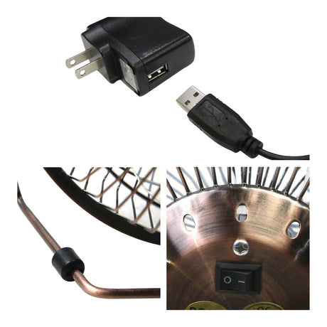 Detailed close-up of outlet adapter and USB plug, adjustable non-skid feet, and rocker switch.