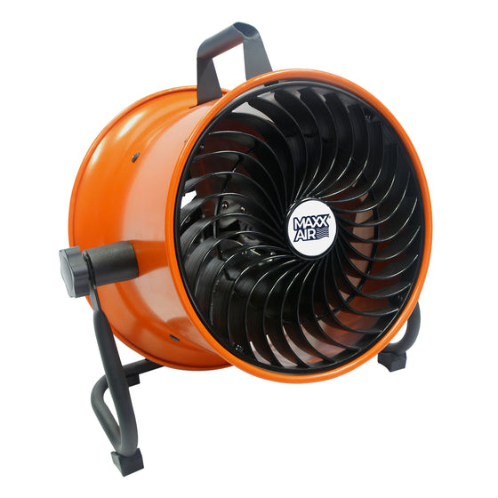 10 in. portable floor fan with deep steel shroud in orange finish for focused airflow.