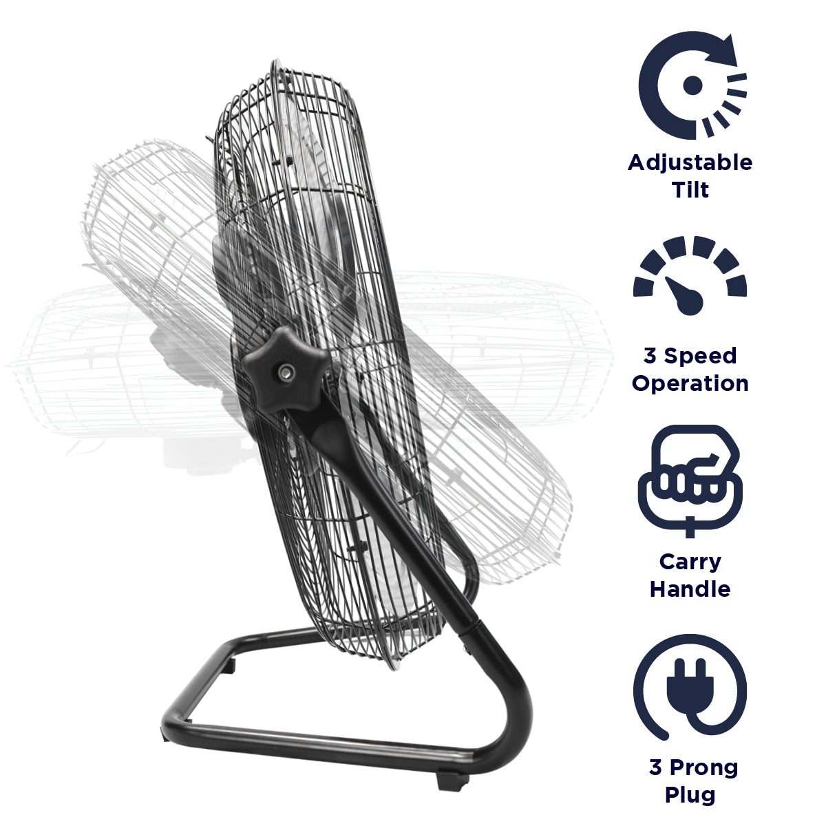 Features of the HVFF20 include adjustable tilt, 3 speed operation, carry handle, and 3 prong electric plug.