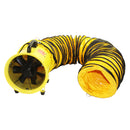 8 in. axial hose fan includes both the fan unit and flexible 20 ft. hose with hanger rings in highly visible yellow finish for safety.