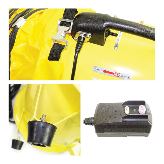 Detailed close-up of of hose cinch strap and toggle switch, rubber non-skid feet, and GFCI plug on the extractor fan.