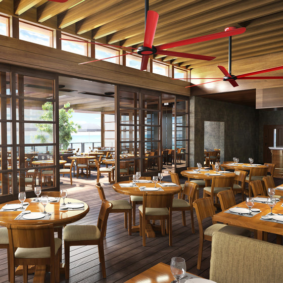 The HVLS 108 provides massive air circulation and contemporary style in restaurants.