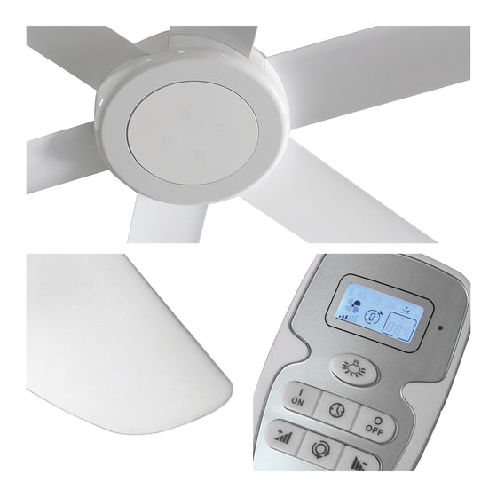Close up of motor, gloss white fan blade finish, and remote with 6 speeds and reverse function.
