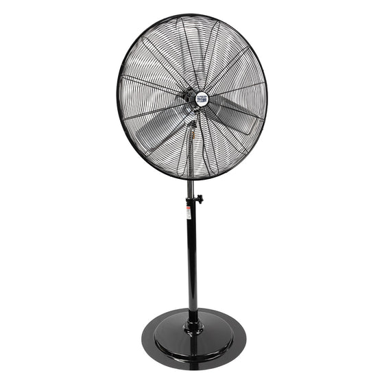 30 in. pedestal fan in a rust-resistant powder coated metal in black finish with adjustable height.