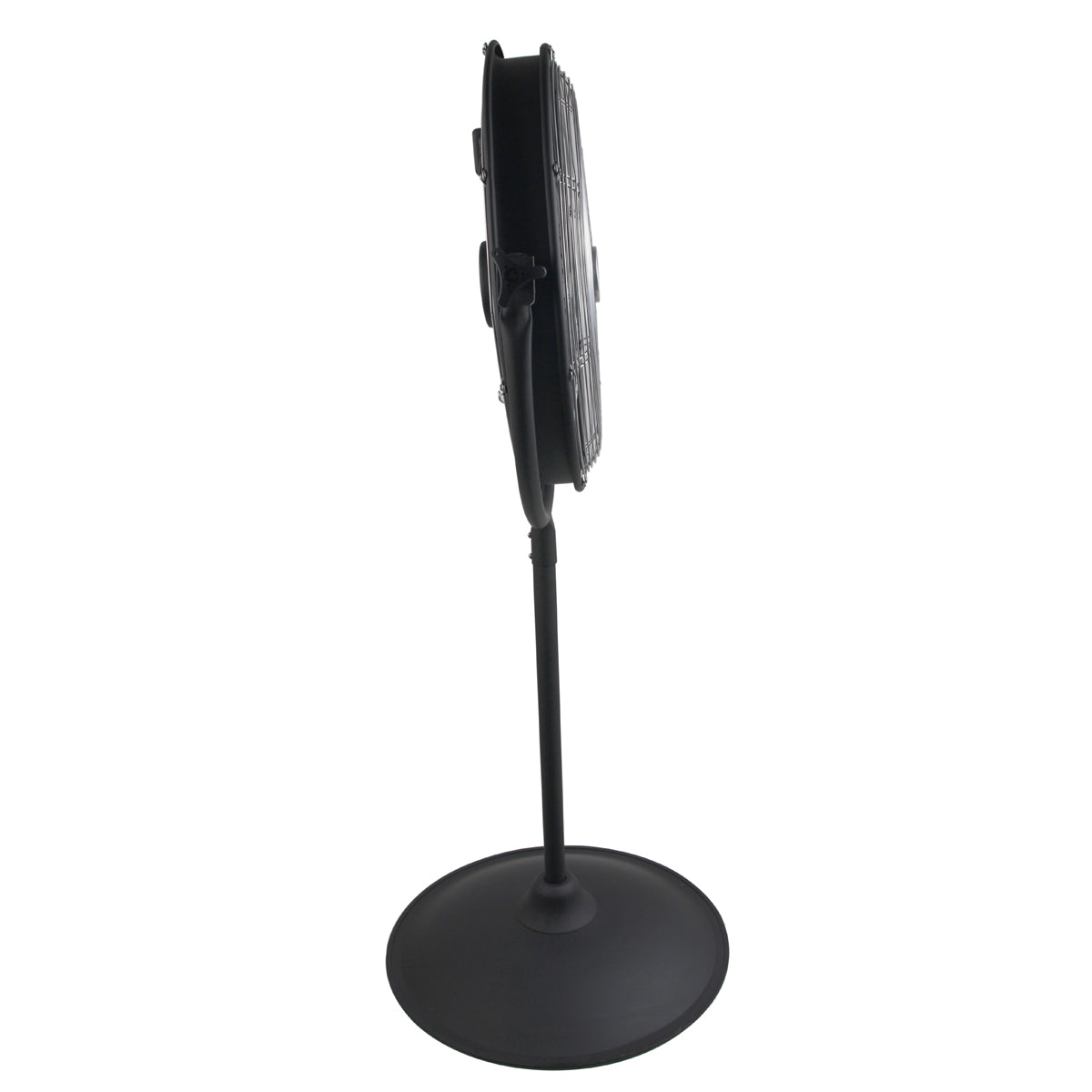 Left side profile view of the 20 in. industrial fan showing the slim shroud design and pole stand. 