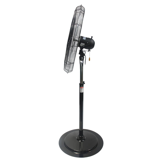 Right side profile view of the 30 in. oscillating commercial fan showing the OSHA compliant grilles and wide metal base with pole assembly.
