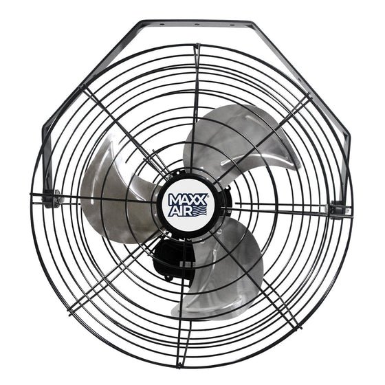 Front of the 18 in. wall mount fan with powder-coated metal steel construction in black finish. 