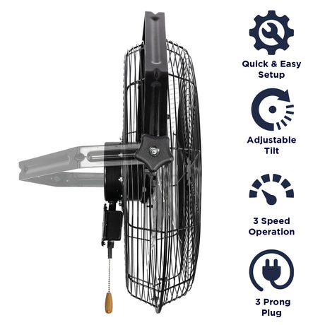 Features of the HVWM 18 include a quick and easy setup, adjustable tilt, a 3 speed operation, and a 3 prong electric plug. 