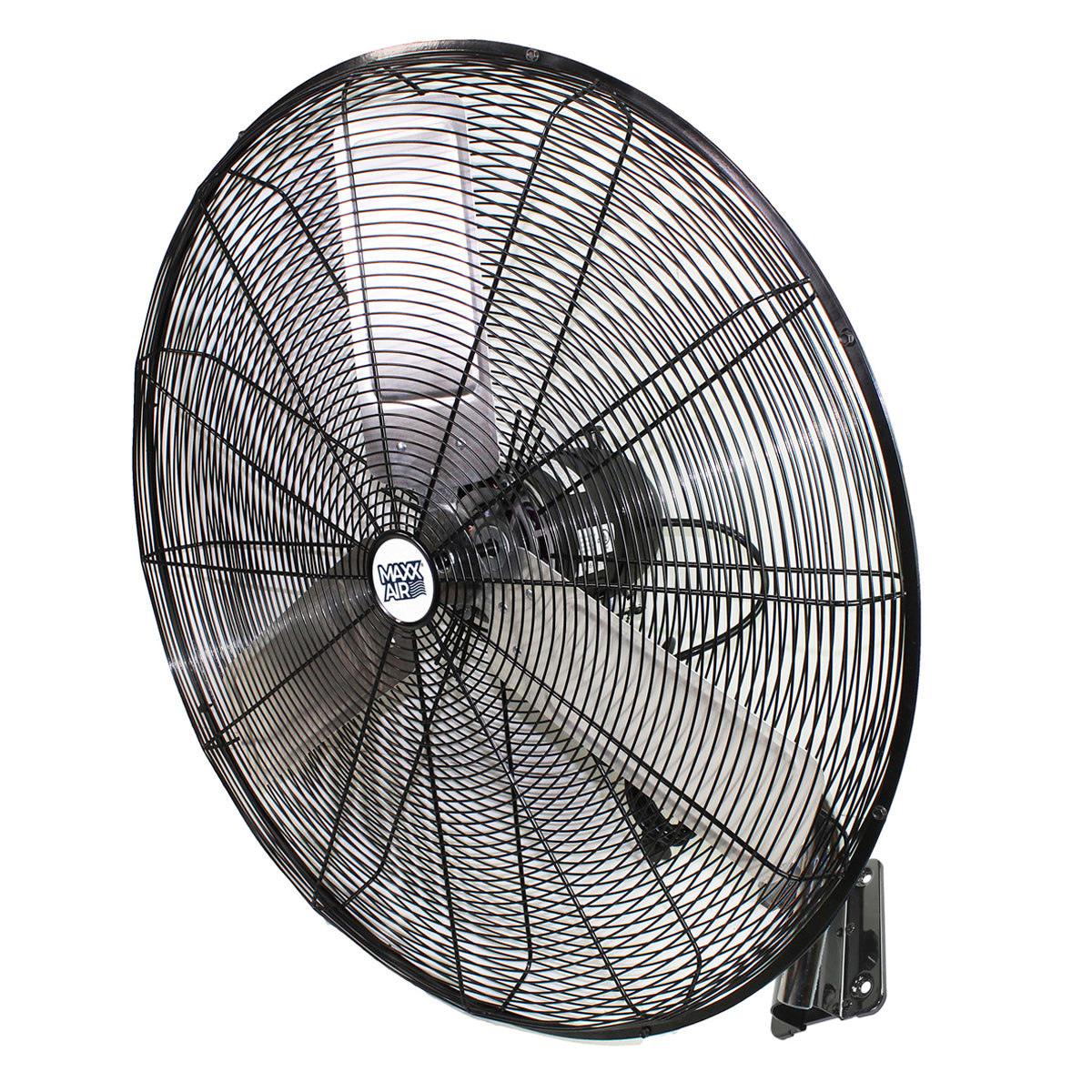 30 in. oscillating wall mount fan with powder-coated metal steel construction in black finish.