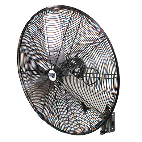 30 in. oscillating wall mount fan with powder-coated metal steel construction in black finish.