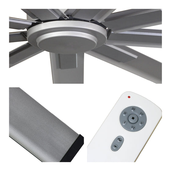 Detailed close-up of fan center, brushed nickel blade finish, and remote control with 6 speeds and reverse selection.. 