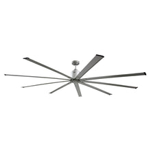  Large diameter 96 in. industrial ceiling fan with metallic brushed nickel finish blades and housing.