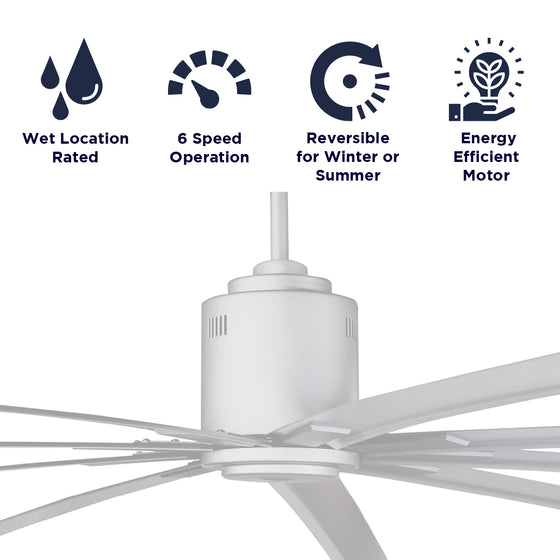 Features of the 96 in. ceiling fan include a wet location rating, reversible direction, 6 speeds, and energy efficient motor.