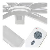 Detailed close-up of fan center, white blade finish, and remote control with 6 speeds and reverse function.