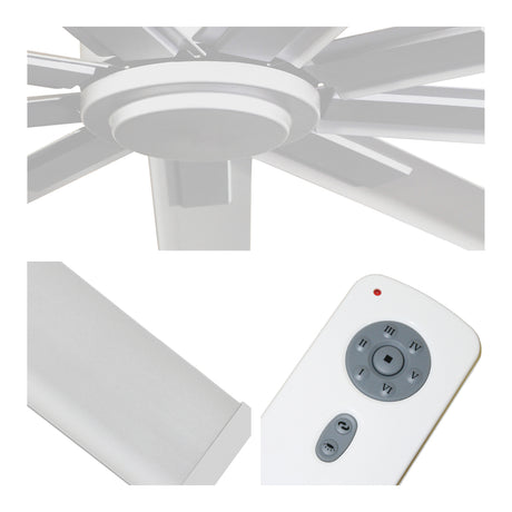 Detailed close-up of fan center, white blade finish, and remote control with 6 speeds and reverse function.