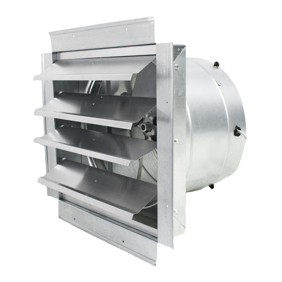 14 in. wall exhaust fan with aluminum louvered opening and steel housing.