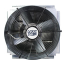 Back view of the wall mounted fan showing the safety grille and fan blade. 