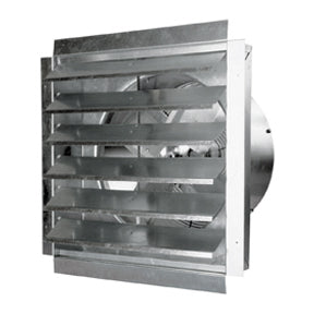 18 in. wall exhaust fan with draft-free aluminum shutter louvers open.