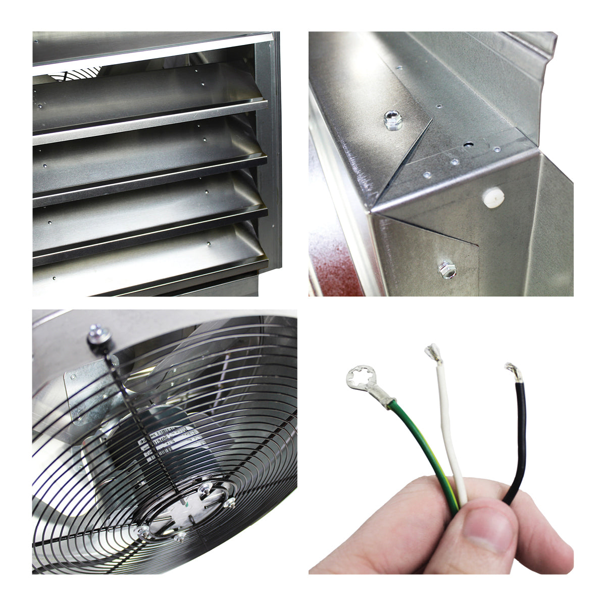 Detailed close-up of shutter louver assembly, steel housing, grille and motor, and wires on the shop fan.