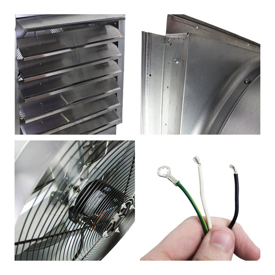 Detailed close-up of shutter assembly, steel housing, grille and motor, and wires on the ventilation fan.