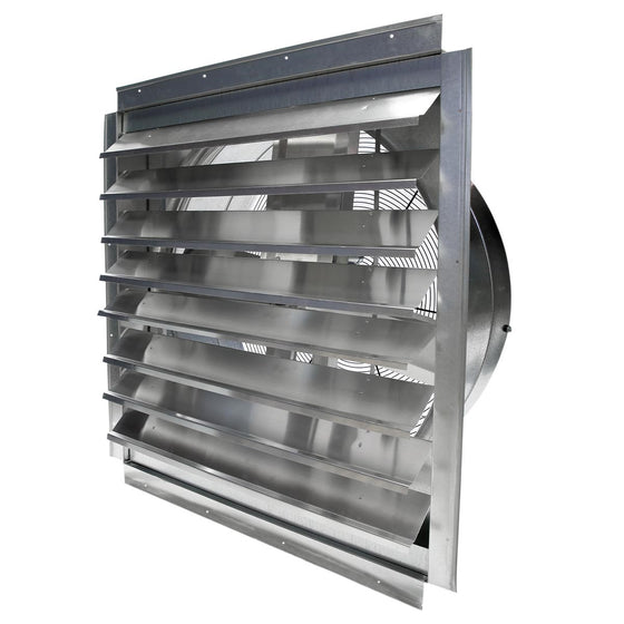 30 in. wall exhaust fan with draft-free aluminum shutters open.