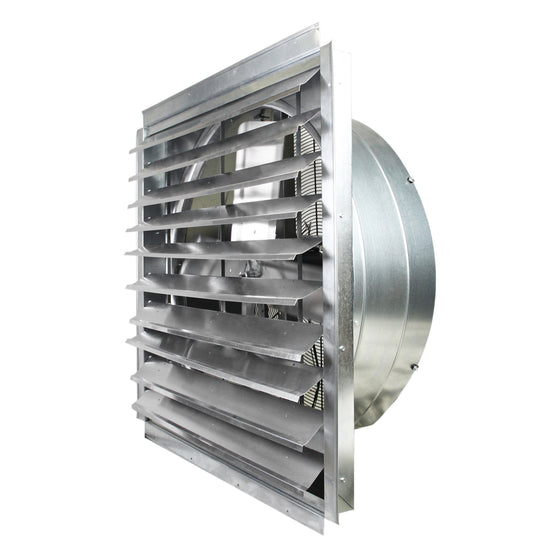36 in. wall exhaust fan with draft-free aluminum shutter louvers open.